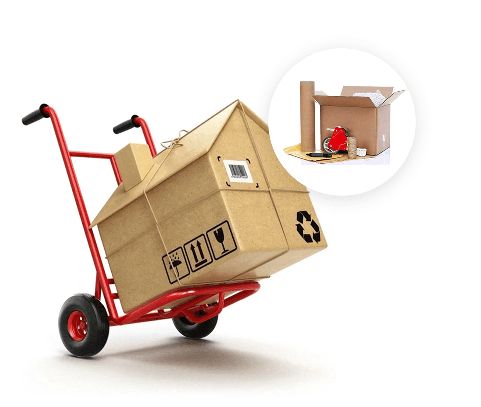 A red hand truck with cardboard box on it.